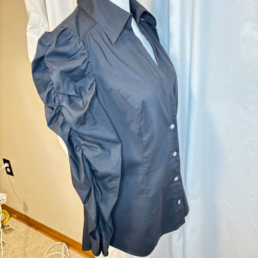 INC International Concepts Black Ruched Sleeve Button-Up Blouse Top - Picture 2 of 7